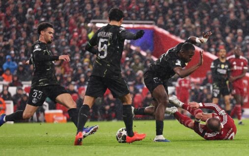 Alexis Mac Allister reacting to the overturned penalty decision during Liverpool's match against Paris Saint-Germain