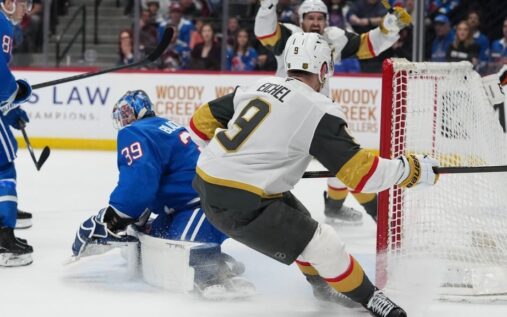 Jack Eichel of the Vegas Golden Knights skating with the puck during an NHL game