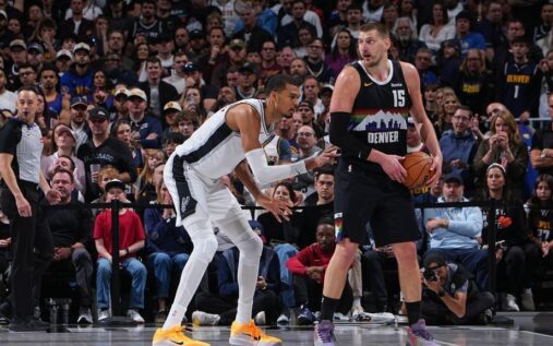 Split image showing NBA MVP finalists Victor Wembanyama, Shai Gilgeous-Alexander, and Nikola Jokic on the court