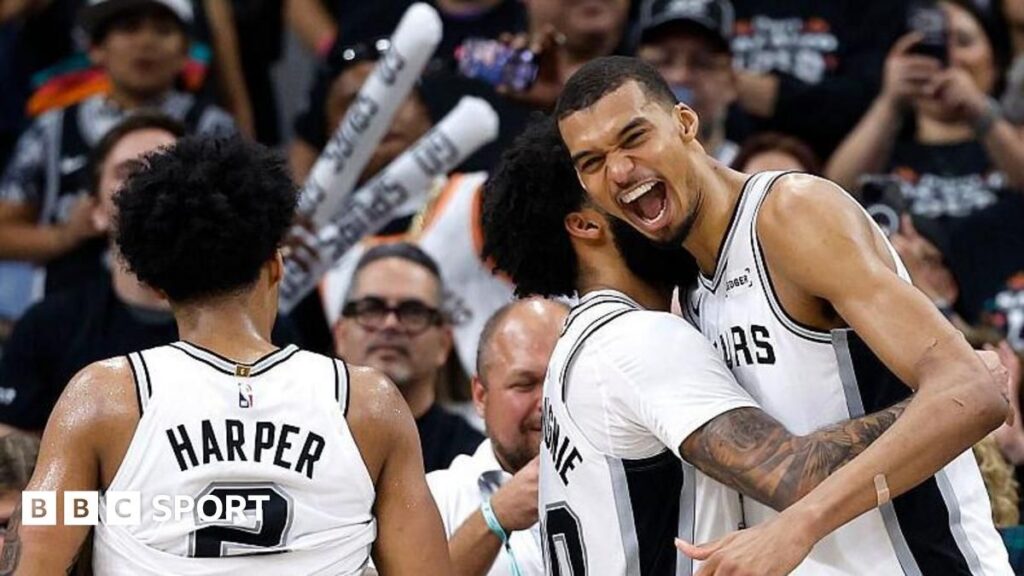 Victor Wembanyama of the San Antonio Spurs dribbling the basketball during an NBA playoff game