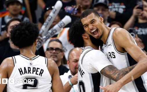 Victor Wembanyama of the San Antonio Spurs dribbling the basketball during an NBA playoff game