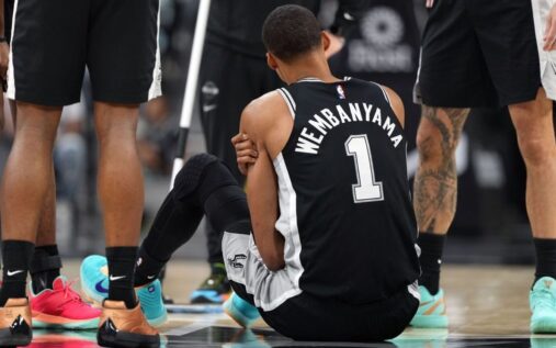 Victor Wembanyama walking off the court towards the locker room during the San Antonio Spurs game against the 76ers
