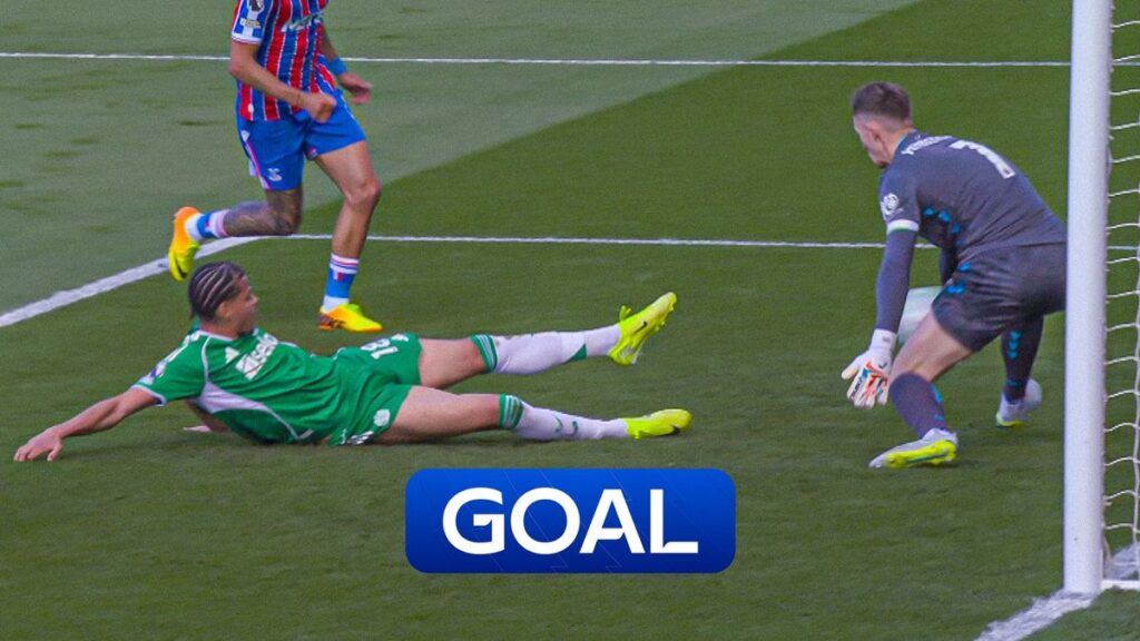 Newcastle United forward Will Osula scoring a scrappy goal from the floor against Crystal Palace