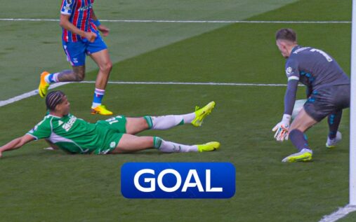 Newcastle United forward Will Osula scoring a scrappy goal from the floor against Crystal Palace