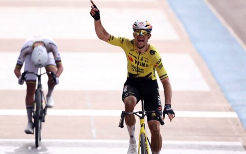Wout van Aert sprinting ahead of Tadej Pogacar in the Roubaix Velodrome to win the Paris-Roubaix classic