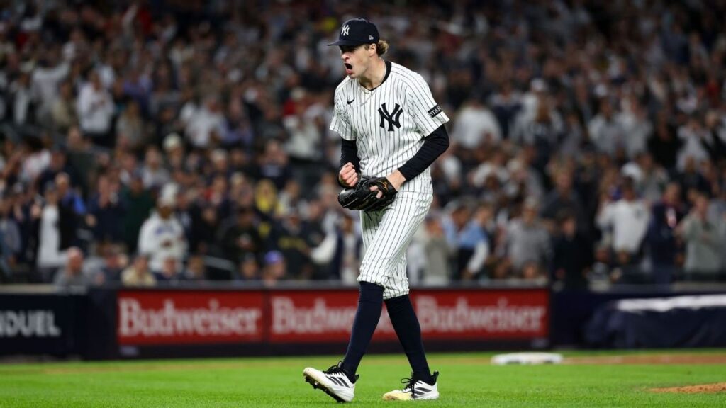 New York Yankees pitcher Cam Schlittler preparing to throw a pitch on the baseball mound