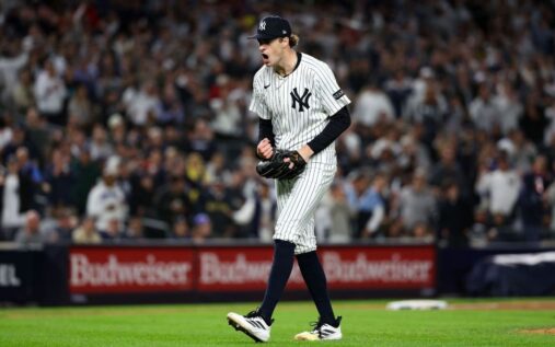 New York Yankees pitcher Cam Schlittler preparing to throw a pitch on the baseball mound