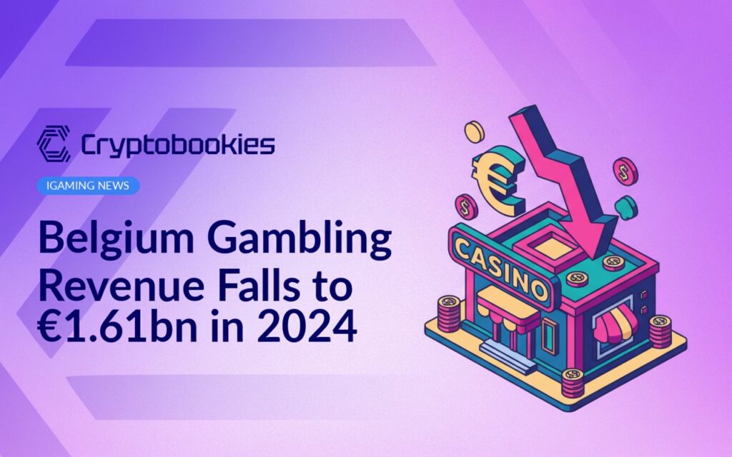 Belgium map with declining red arrow and casino chips stacked beside euro coins on a dark background