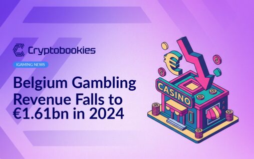 Belgium map with declining red arrow and casino chips stacked beside euro coins on a dark background