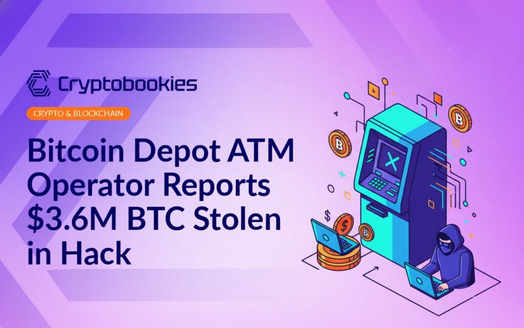 Bitcoin Depot ATM with a digital lock overlay and red warning symbols on a dark background.
