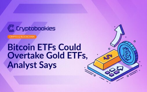 A Bitcoin coin and a gold bar side by side on a reflective black surface with a stock chart in the background.