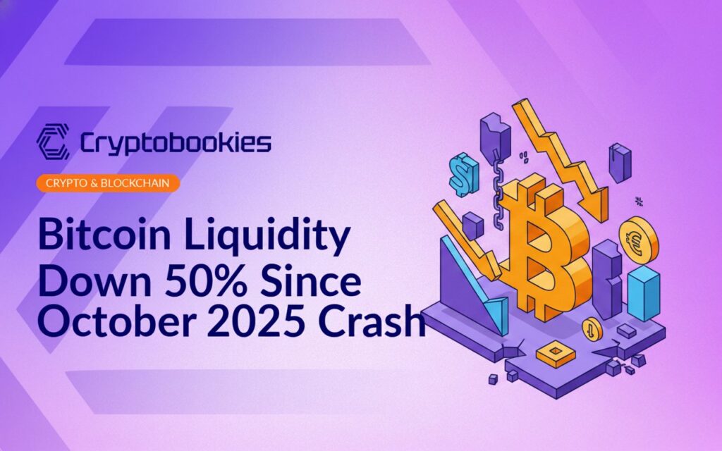 A red downward arrow over a Bitcoin coin with a fading stock chart background indicating a market decline.