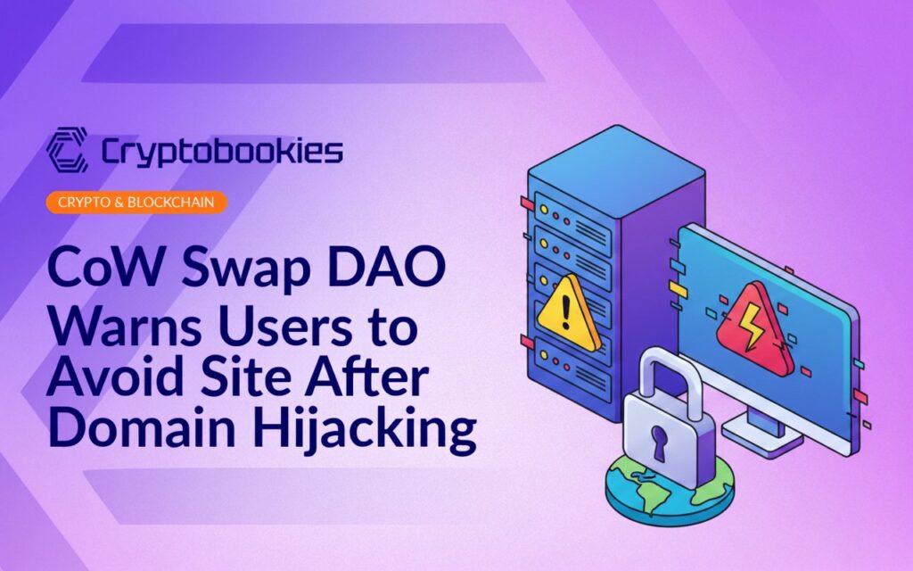 Server rack with yellow warning triangle, glitching monitor displaying alert icon, cracked padlock over a globe background.