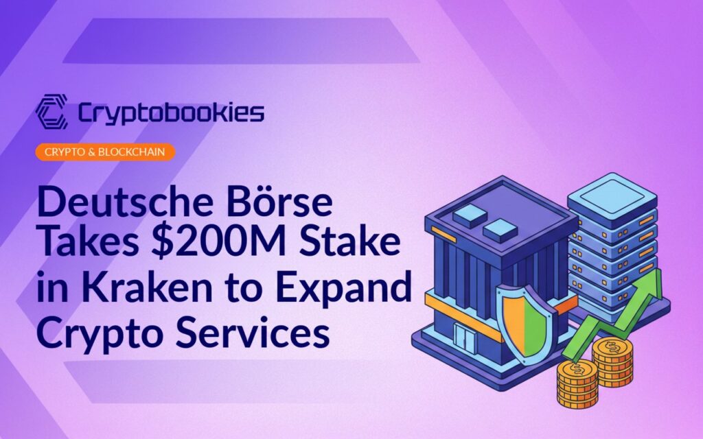 Modern stock exchange building beside a secure server stack with shield and growing coin stack with upward arrow.