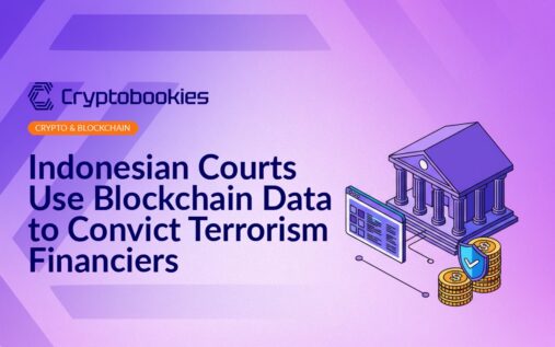 Courthouse with columns, digital blockchain ledger screen, and stacked coins with shield badge in front.