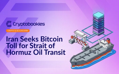 Oil tanker passing a canal checkpoint with barrier arm beside a stacked server tower connected by network lines.