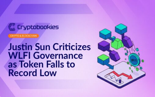 Justin Sun speaking at a podium with a digital chart displaying a sharp token price drop in the background.
