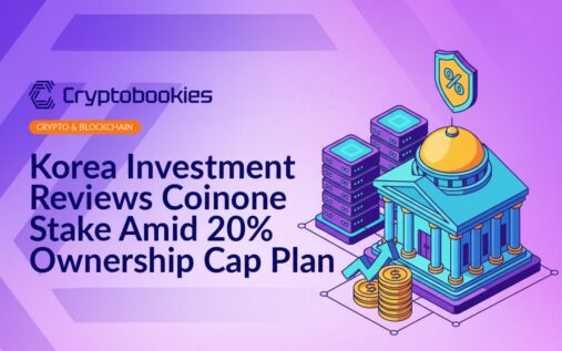 Stock exchange building foreground with stacked gold coins, upward arrow, and shield with percent symbol above server racks.