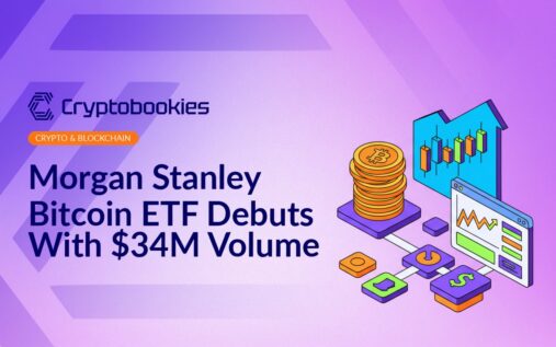 Digital rendering of a glowing Bitcoin symbol above a Morgan Stanley logo on a dark, textured background