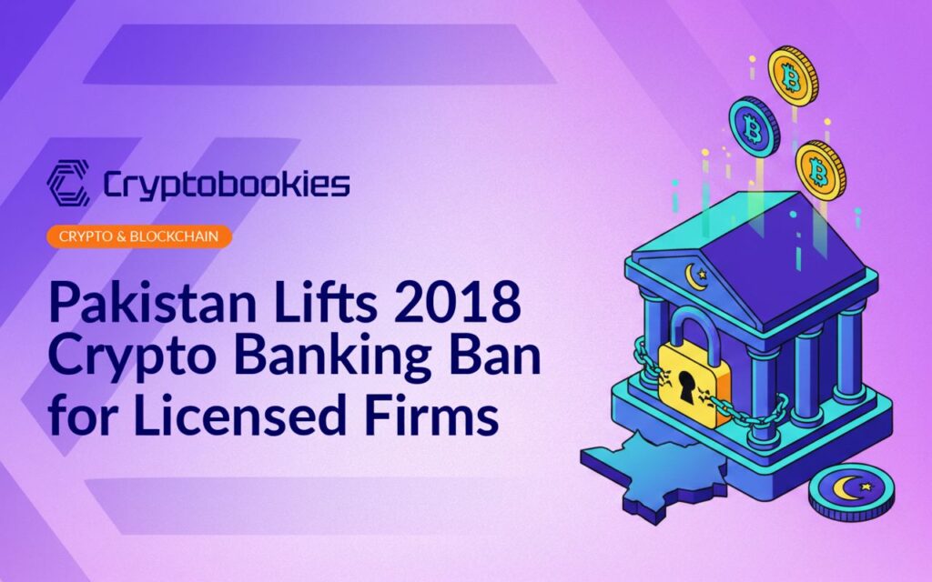 Pakistani flag behind stacks of coins and a digital blockchain network overlay with a bank building silhouette.