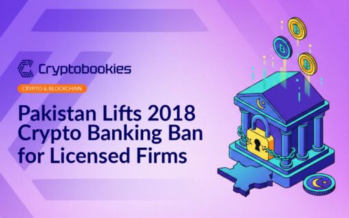 Pakistani flag behind stacks of coins and a digital blockchain network overlay with a bank building silhouette.