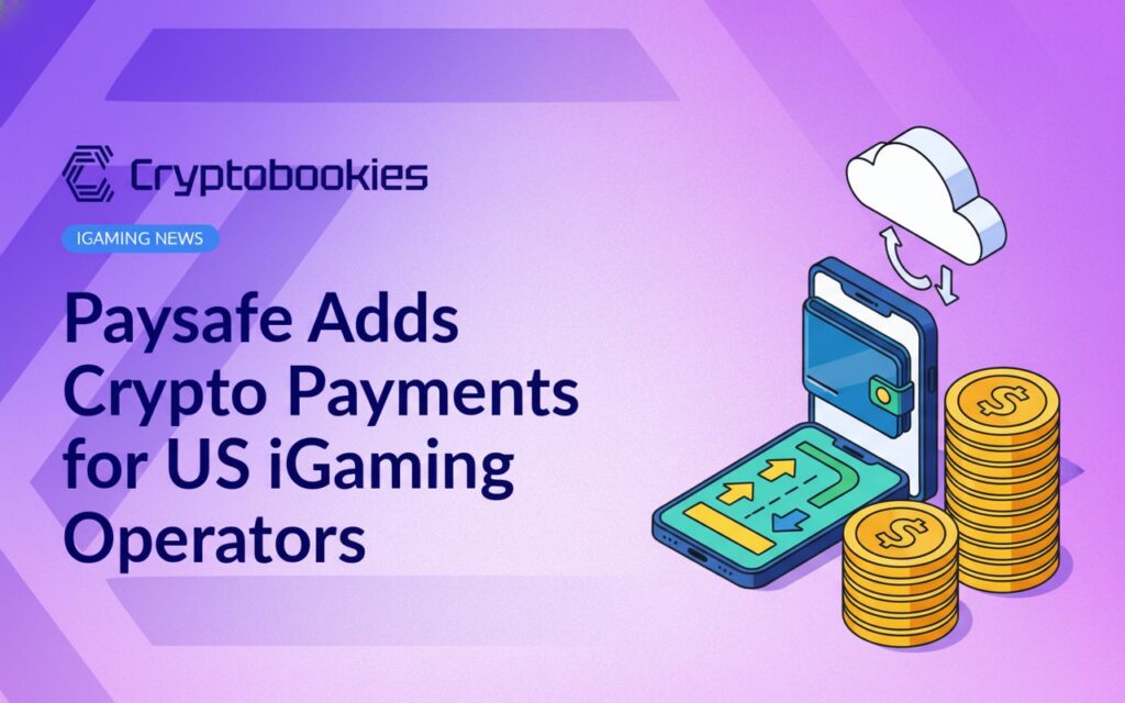 Smartphone wallet app with green arrows, stack of gold dollar coins, and white cloud server with blue sync arrows on blue background