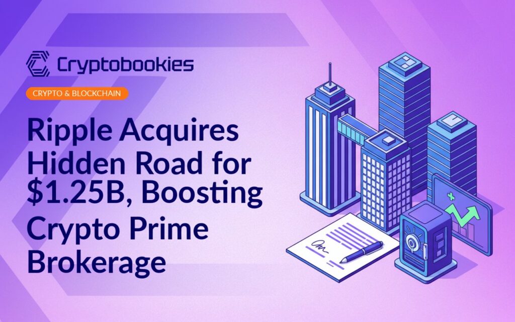 Office towers connected by skybridge, signed contract with pen, digital vault icon, and upward trending chart on screen.