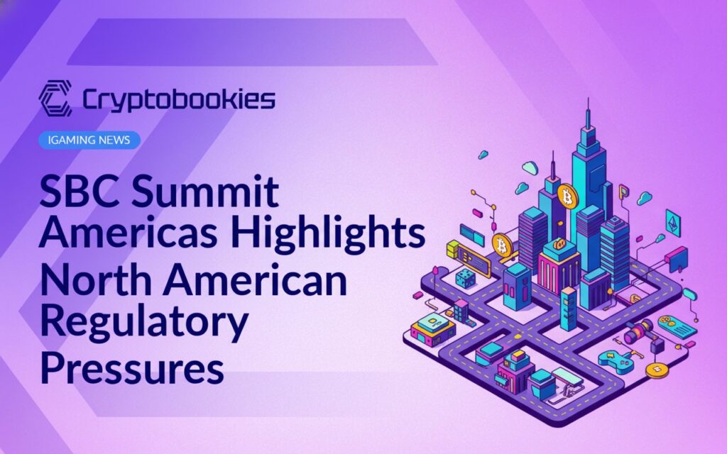 Conference stage with panelists discussing amid logos and banners reading "SBC Summit Americas" and regulatory icons in background