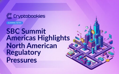 Conference stage with panelists discussing amid logos and banners reading "SBC Summit Americas" and regulatory icons in background