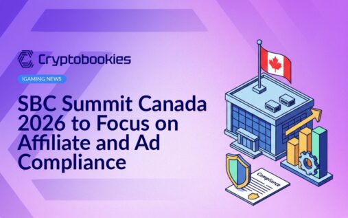 Convention center with Canadian flag, shield over a compliance document, and rising chart with gears in background.