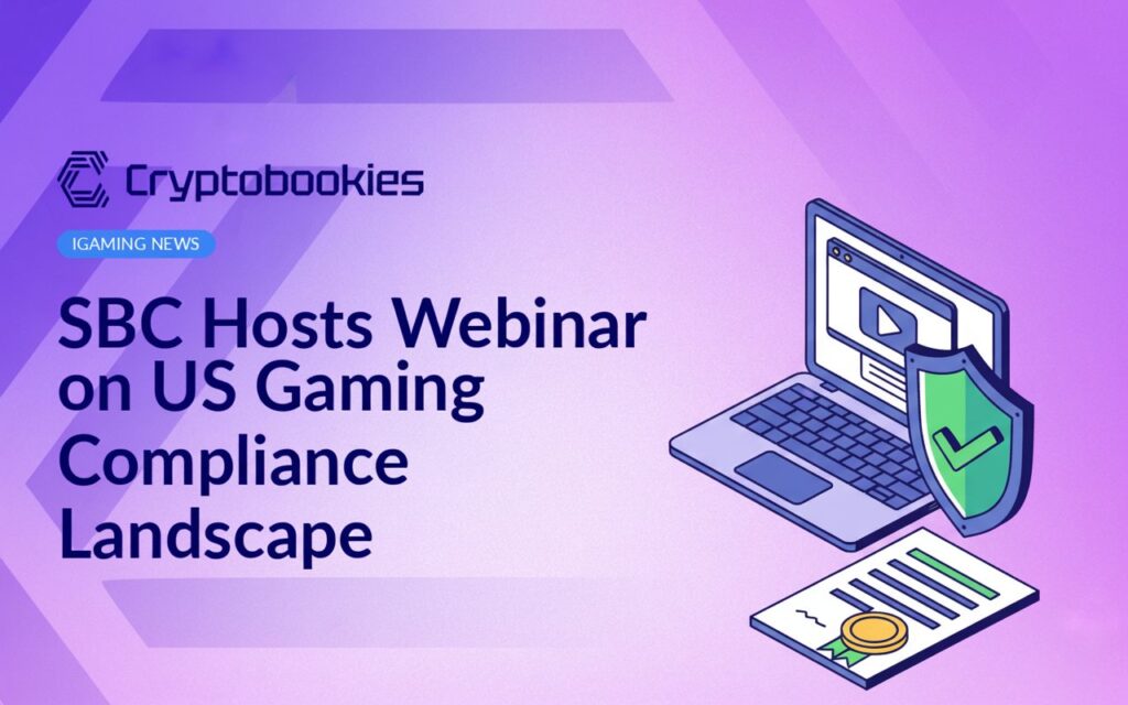 Laptop displaying a webinar screen, shield with checkmark, and legal document with seal on a blue background