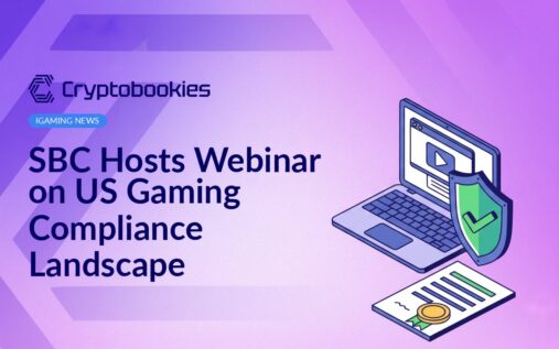 Laptop displaying a webinar screen, shield with checkmark, and legal document with seal on a blue background