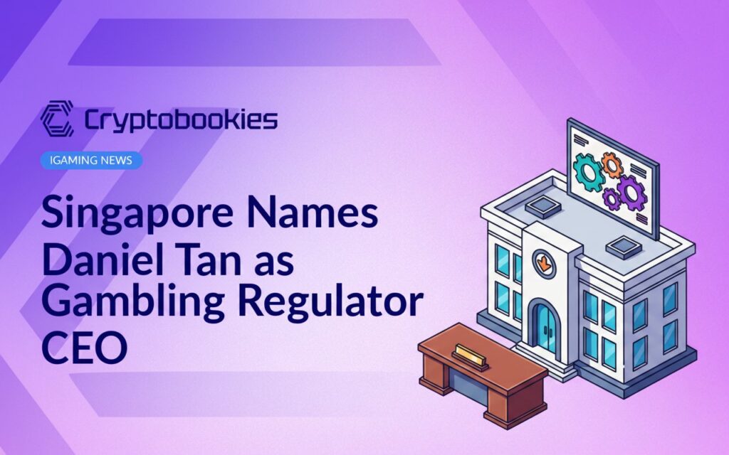 Government office building exterior, executive desk with "Daniel Tan" nameplate, organizational chart board with interlocking gears