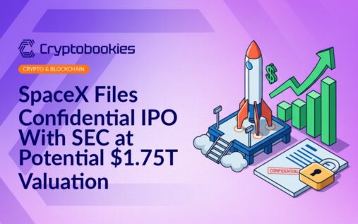 Rocket launch pad beside a locked confidential document icon and a rising stock market chart on a digital screen.