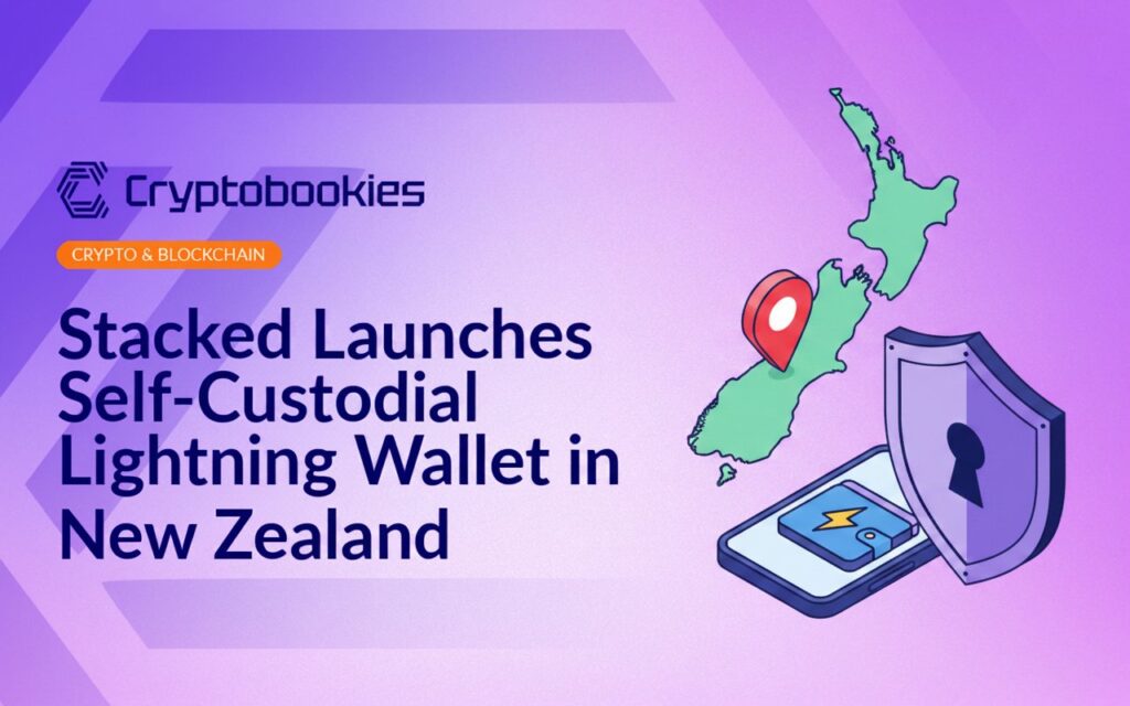 Smartphone displaying lightning wallet icon, shield with keyhole overlay, and New Zealand map with location pin background.
