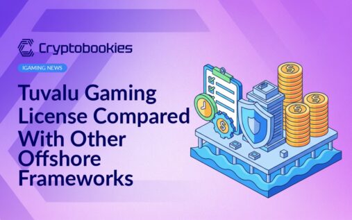 Offshore island office platform beside shield-shaped government building, checklist with clock, and stacked coins on blue background