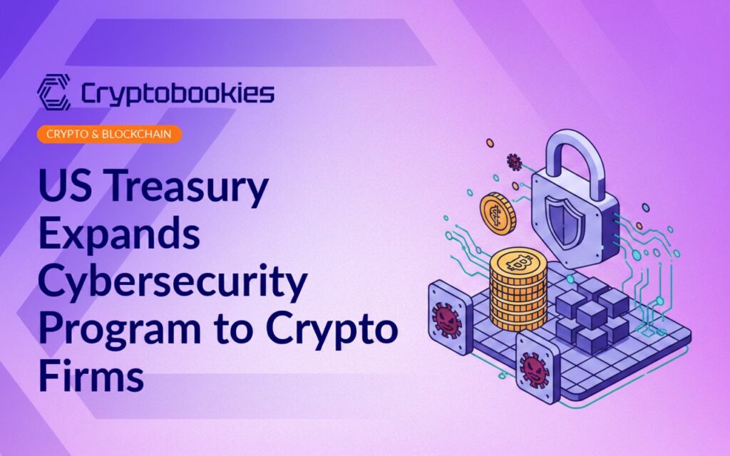 A digital shield with a lock icon overlays a blue background filled with cryptocurrency symbols and binary code.