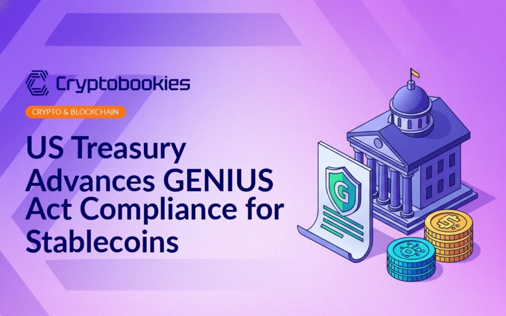 Government building behind a compliance document with shield emblem and a stack of generic digital coins on a white surface