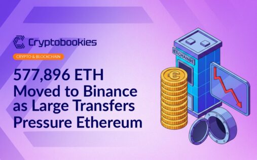 Stack of ETH coins moving into a building labeled Binance, with a falling chart on screen and an open vault door nearby.