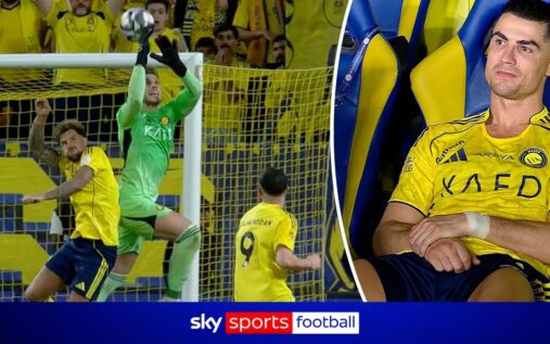 Cristiano Ronaldo looking dejected on the pitch in an Al Nassr kit