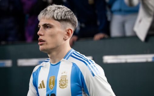Alejandro Garnacho wearing the Argentina national team football kit