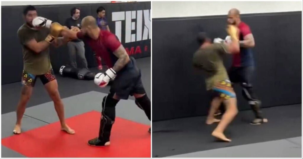 Alex Pereira throwing a heavy punch during a mixed martial arts training session