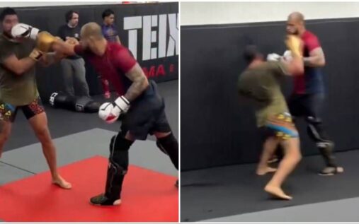 Alex Pereira throwing a heavy punch during a mixed martial arts training session