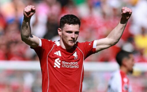 Andy Robertson applauding the Liverpool supporters inside Anfield
