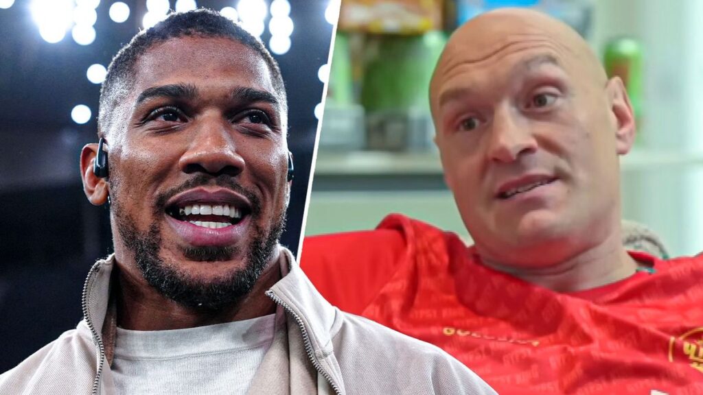 Anthony Joshua and Tyson Fury facing each other in a professional boxing ring