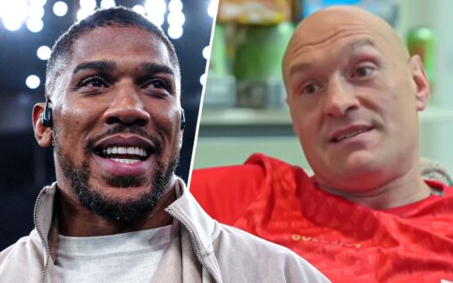 Anthony Joshua and Tyson Fury facing each other in a professional boxing ring