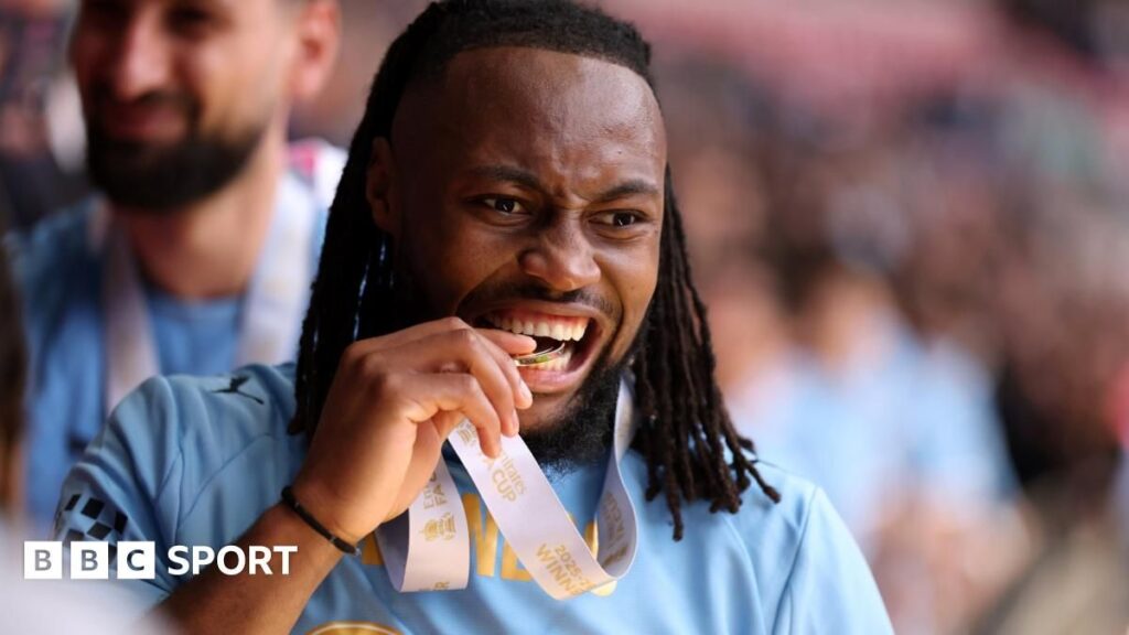 Antoine Semenyo celebrates after scoring the winning goal for Manchester City against Chelsea in the FA Cup final