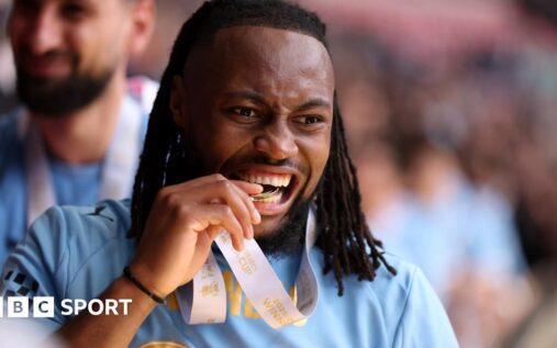 Antoine Semenyo celebrates after scoring the winning goal for Manchester City against Chelsea in the FA Cup final