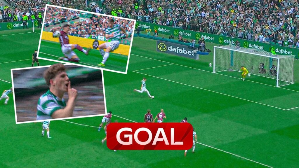 Arne Engels taking a penalty kick for Celtic against Hearts