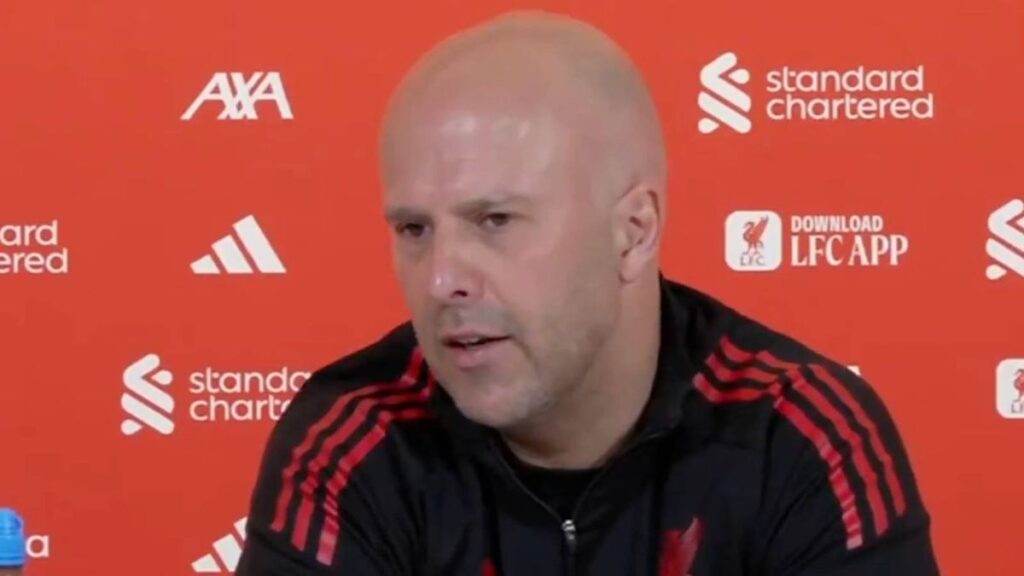 Liverpool manager Arne Slot speaking during a press conference